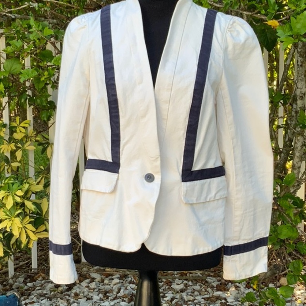 Loft twill 1 button blazer with mandarin collar and ribbon trim
